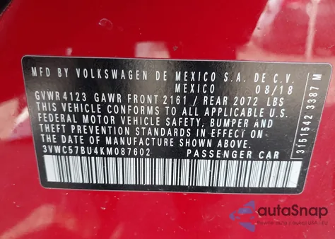 2019 Volkswagen Jetta 1.4T R-Line/1.4T S/1.4T Se z USA, uszkodzony, nr VIN 3VWC57BU4KM087602